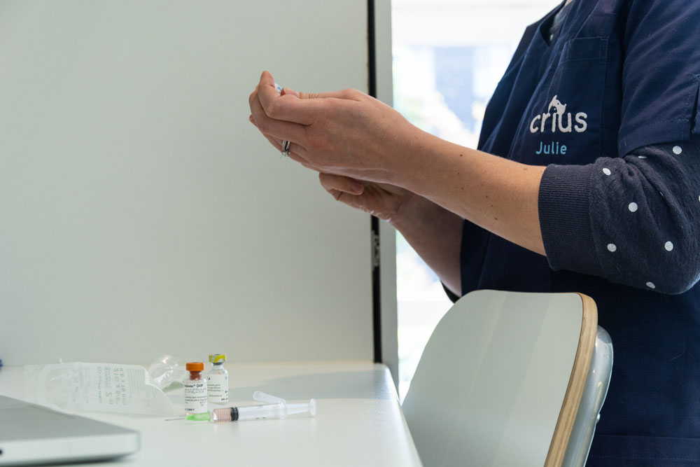 Crius dierenartsen spuit vasthouden dierenarts houdt spuit vast